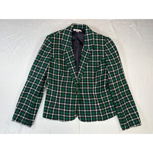 Pendleton Petite Silk Cotton Jacket Size 12 Navy Green White Grid Women